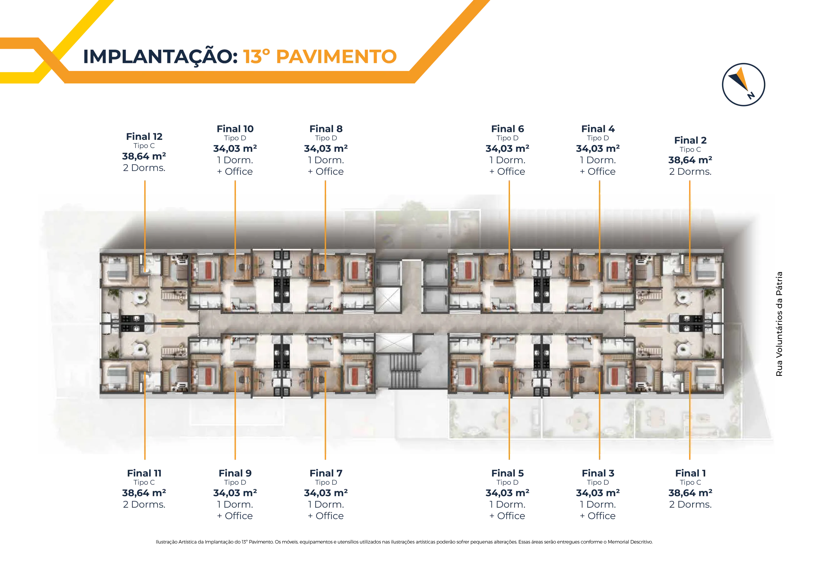 Implantação do 13º pavimento com unidades tipo C e tipo D