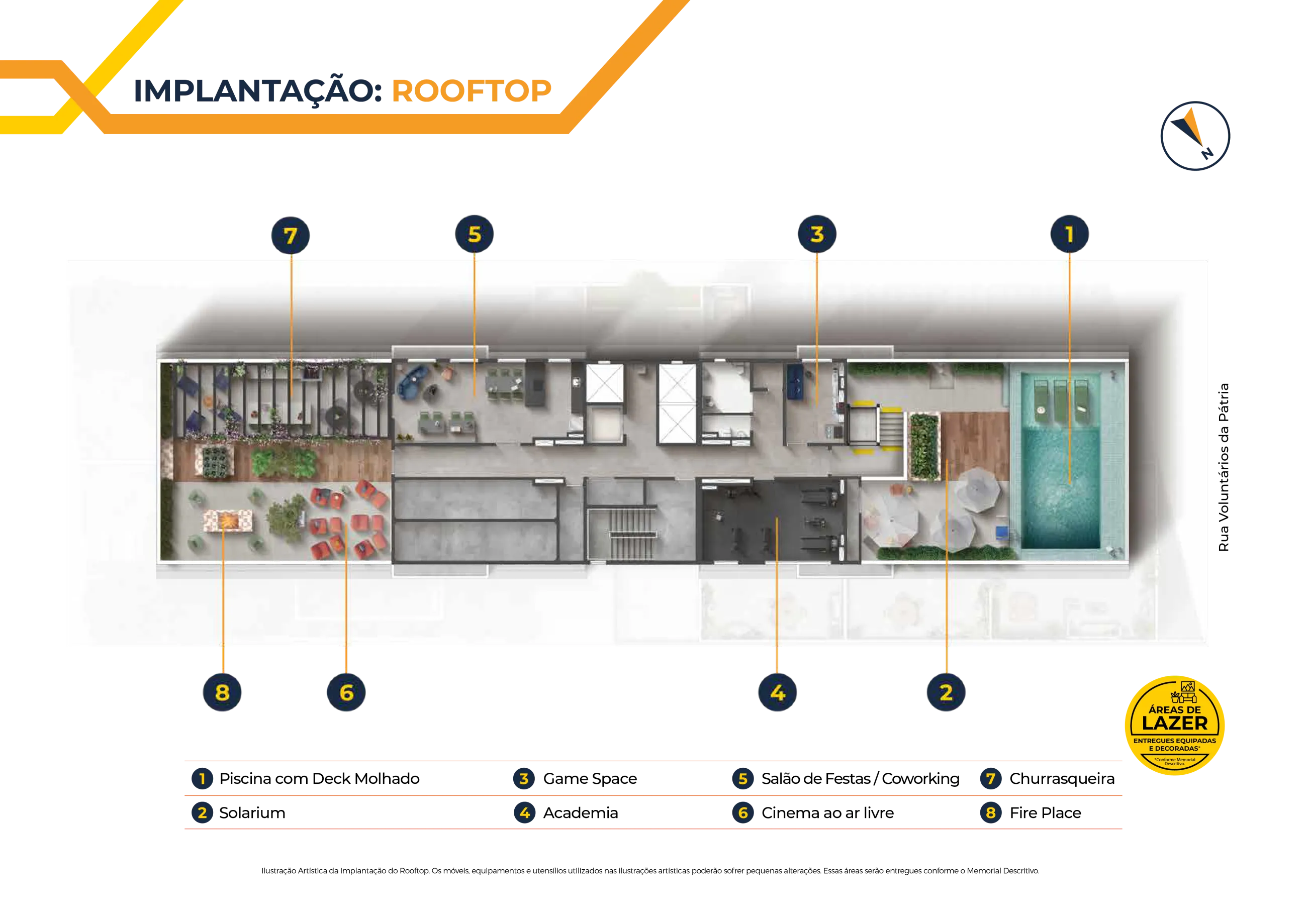 Implantação do rooftop do Conexão Anhembi com a numeração dos ambientes de lazer