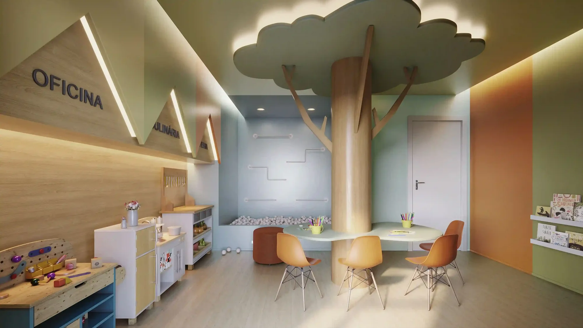 Perspectiva ilustrada da brinquedoteca com oficina infantil