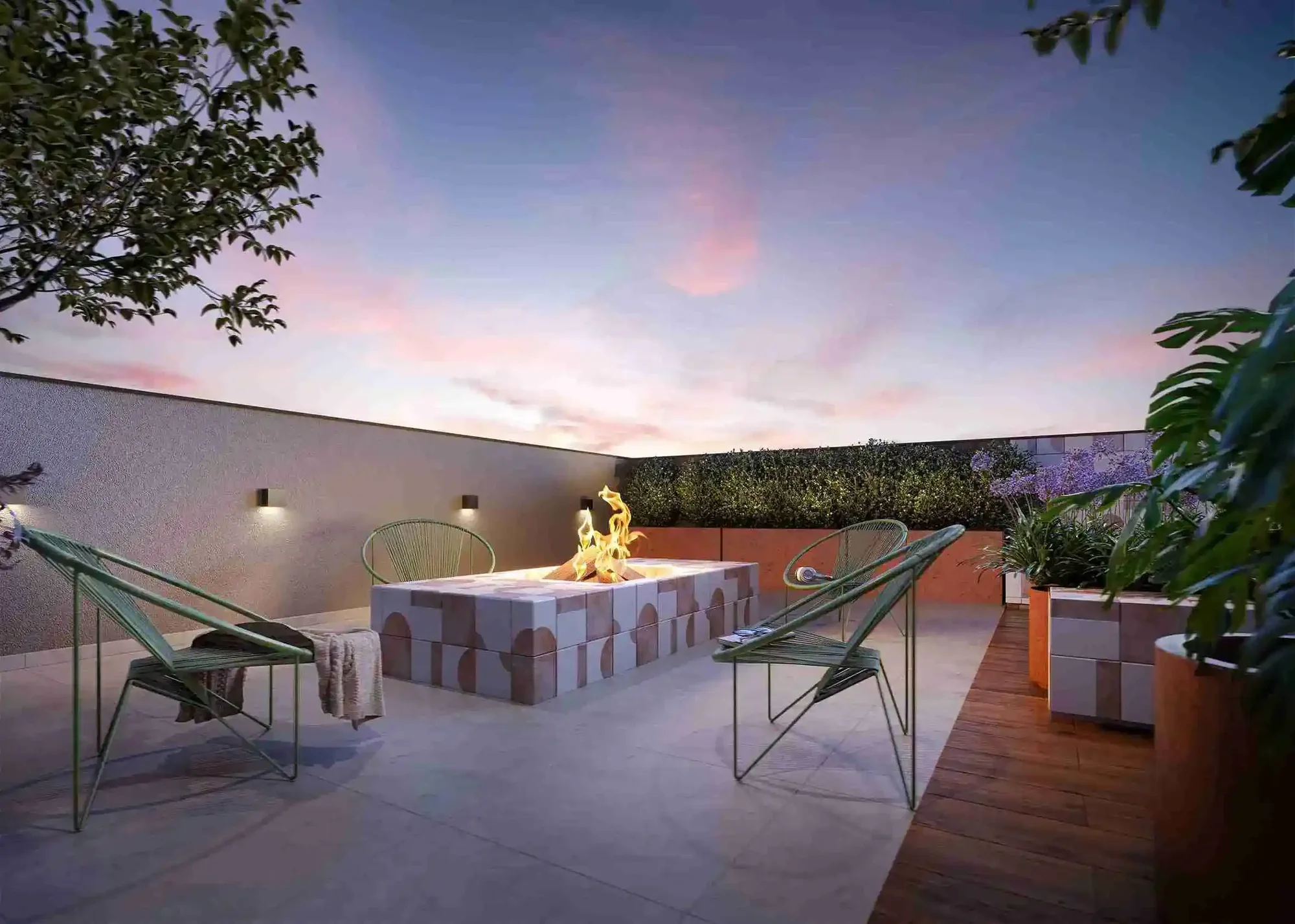 Perspectiva ilustrada do fire place no rooftop ao entardecer