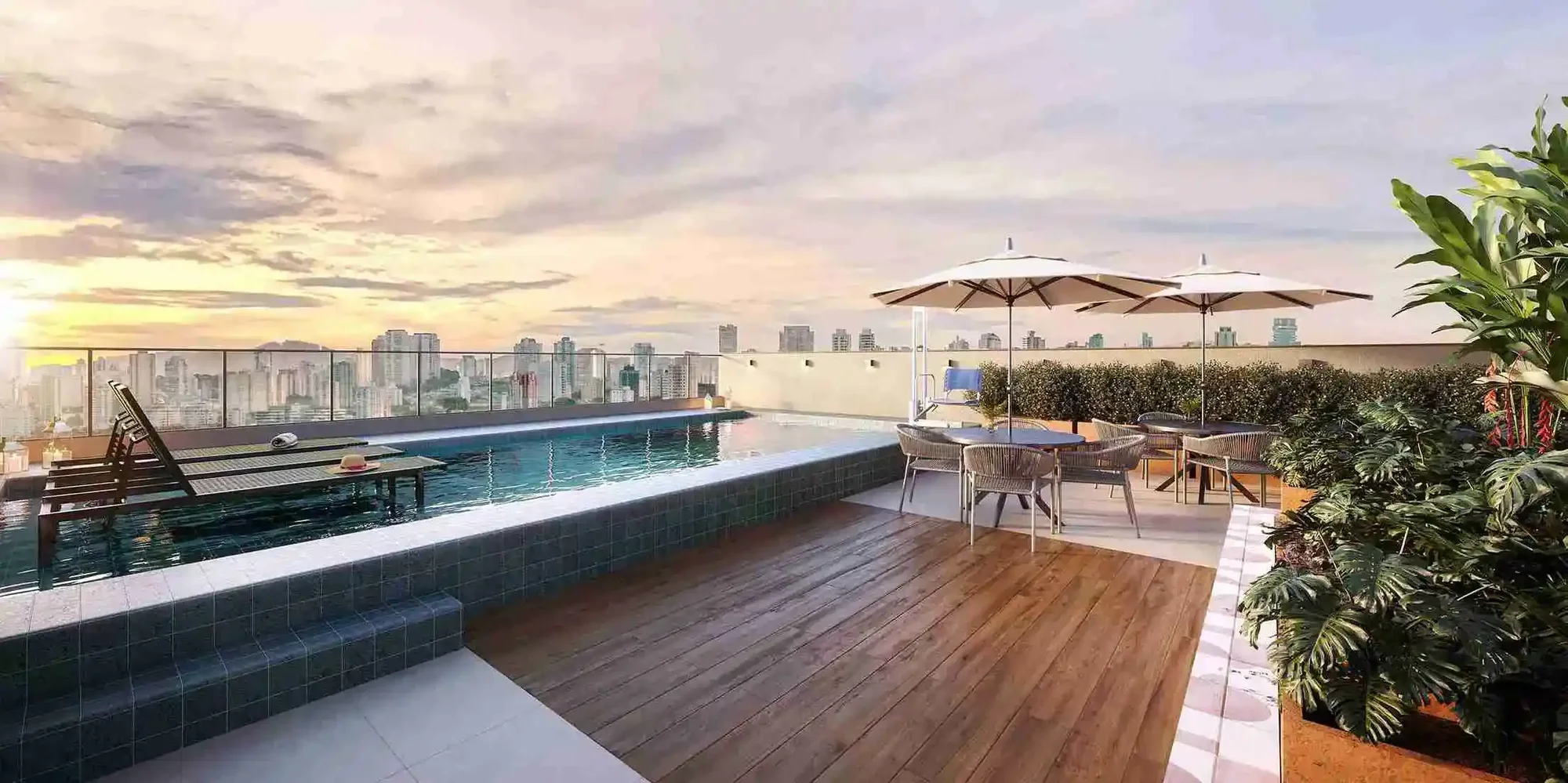 Perspectiva ilustrada da piscina com deck molhado no rooftop do Conexão Anhembi, com vista para o skyline de São Paulo ao entardecer