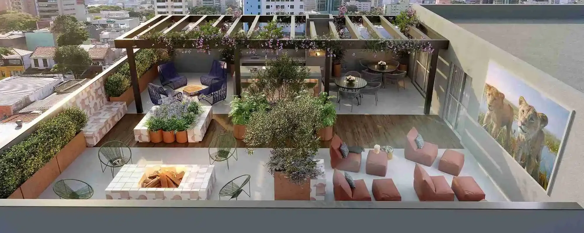 Perspectiva ilustrada do lounge com pergolado, fire place e cinema ao ar livre no rooftop