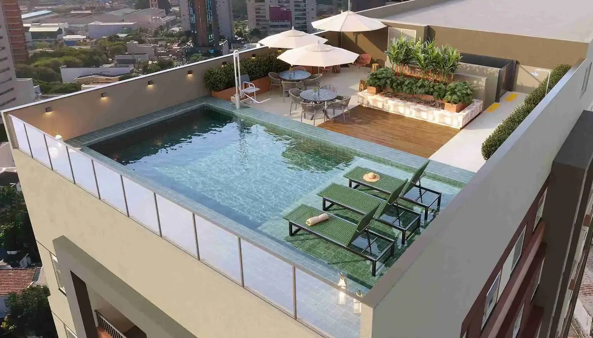 Perspectiva ilustrada do rooftop do Conexão Anhembi visto de fora, com a piscina no topo da torre