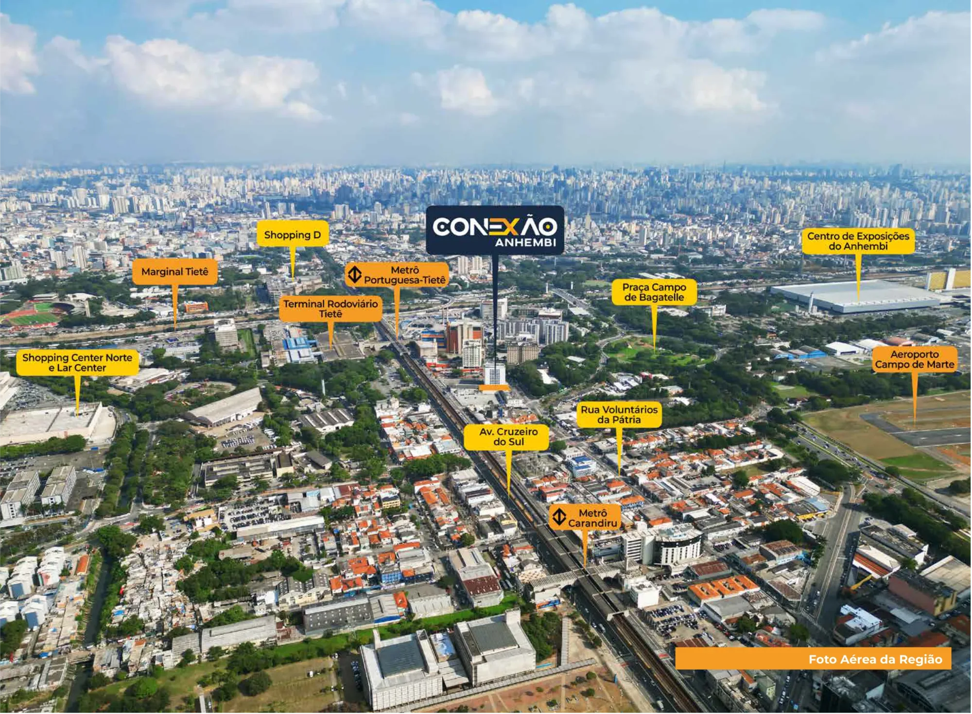 Foto aérea de Santana com a localização do Conexão Anhembi e os principais pontos da região: Metrô Portuguesa-Tietê, Terminal Rodoviário Tietê, Shopping Center Norte, Centro de Exposições do Anhembi, Aeroporto Campo de Marte e Marginal Tietê