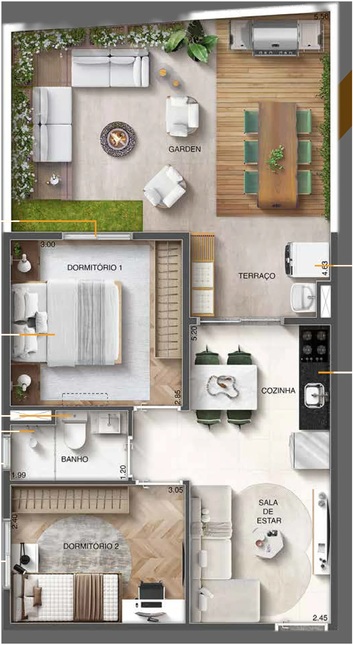 Planta-tipo A Garden de 60,88 m² de área privativa com 2 dormitórios