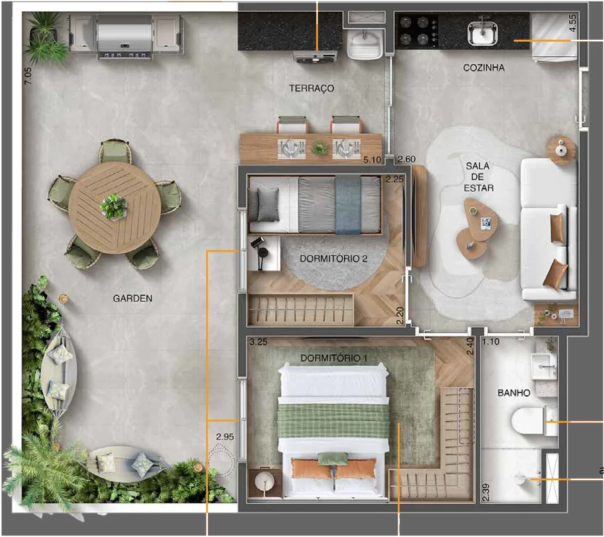 Planta-tipo B Garden de 57,79 m² de área privativa com 2 dormitórios