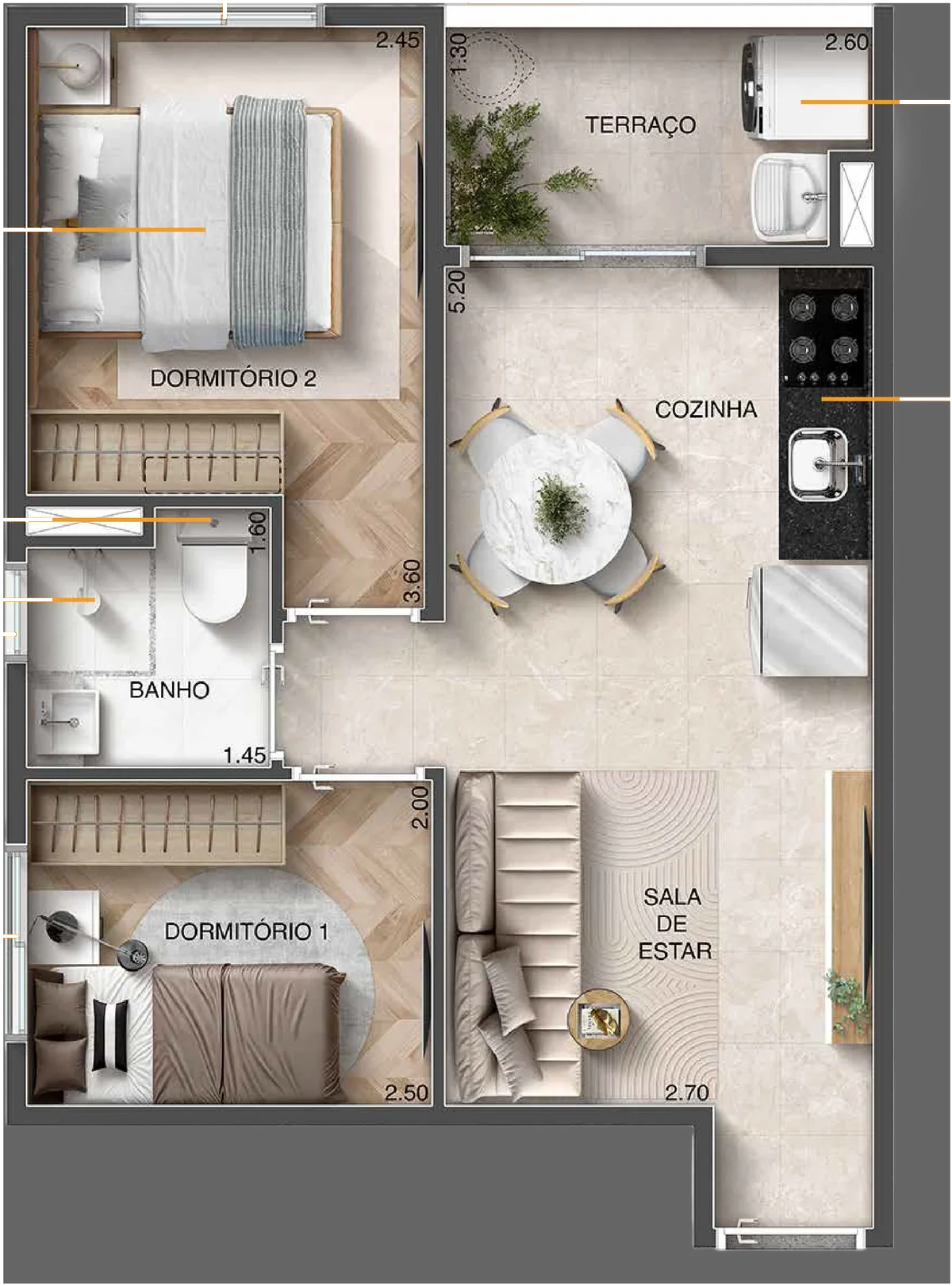 Planta-tipo A de 40,20 m² com 2 dormitórios e varanda