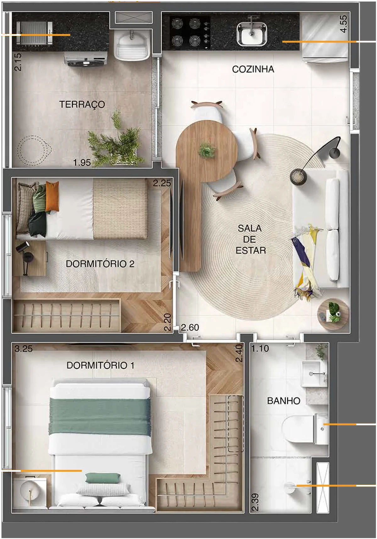 Planta-tipo B de 35,73 m² com 2 dormitórios e varanda
