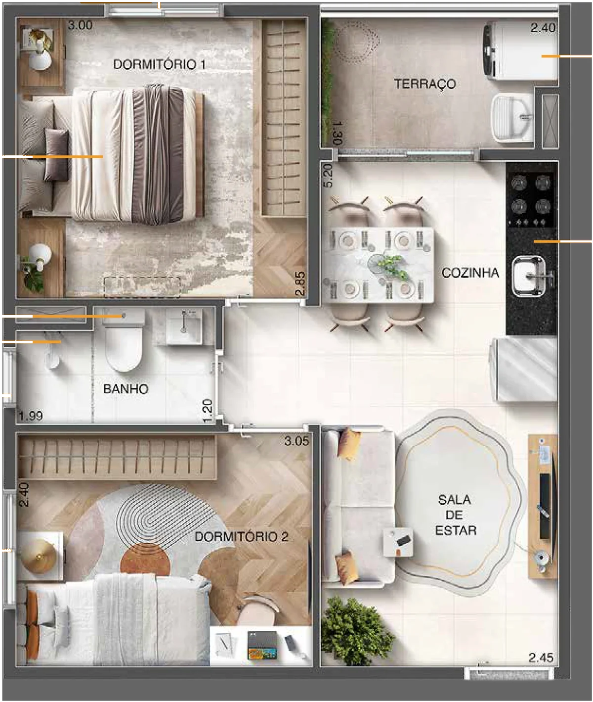 Planta-tipo C de 38,64 m² com 2 dormitórios e varanda