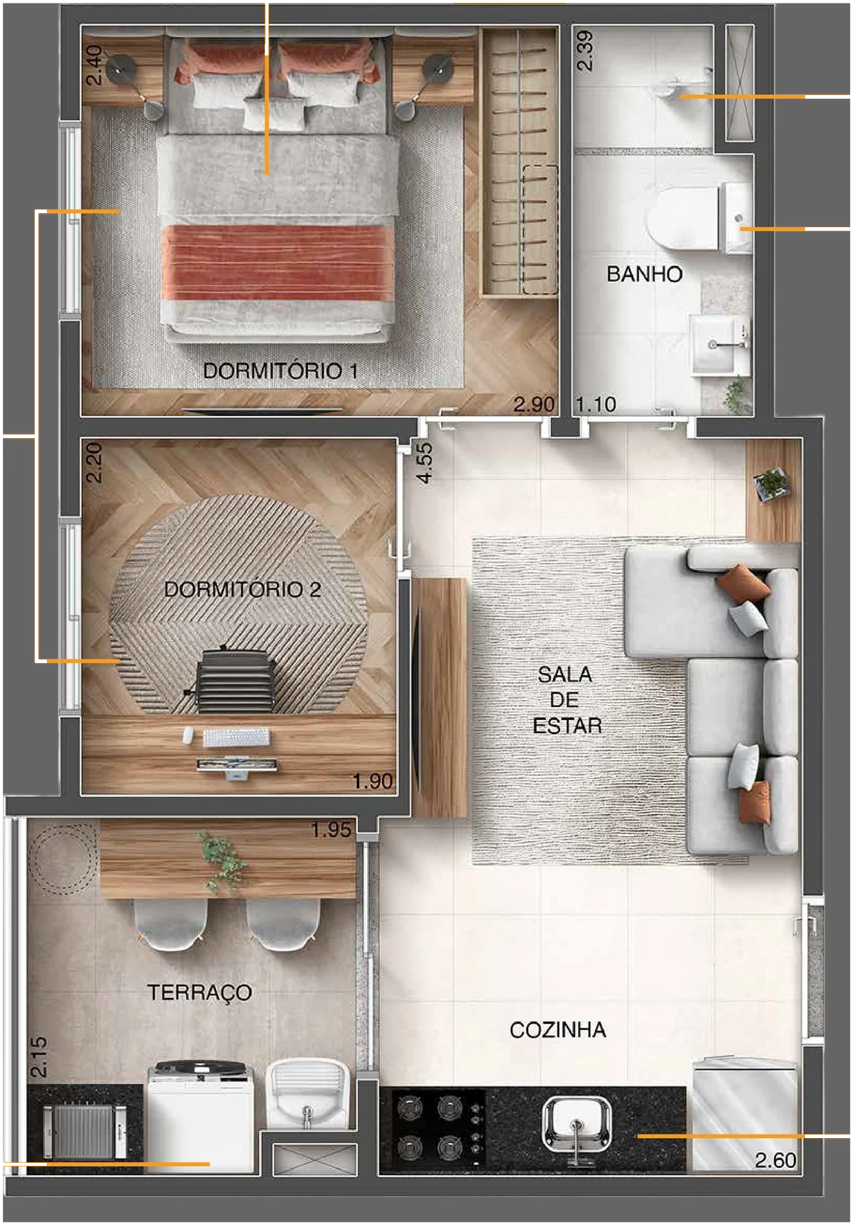 Planta-tipo D de 34,03 m² com 1 dormitório mais office e varanda