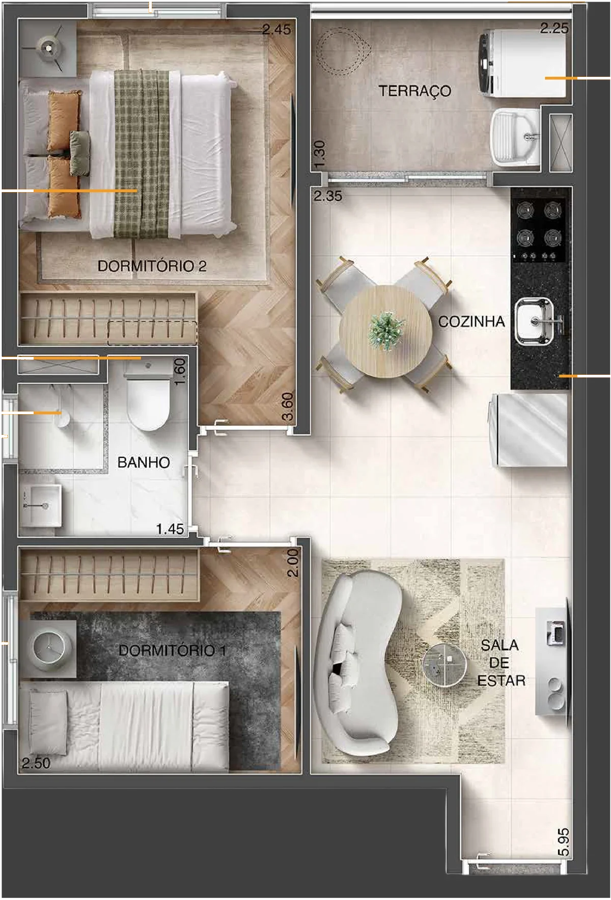 Planta-tipo E de 36,29 m² com 2 dormitórios e varanda