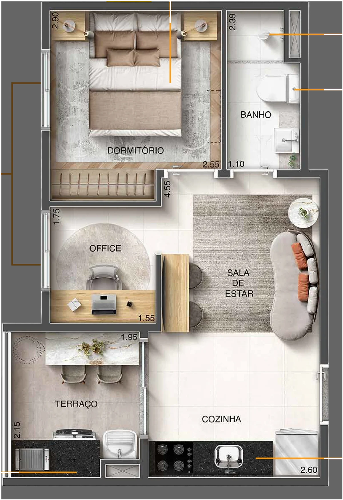 Planta-tipo F de 32,15 m² com 1 dormitório mais office e varanda