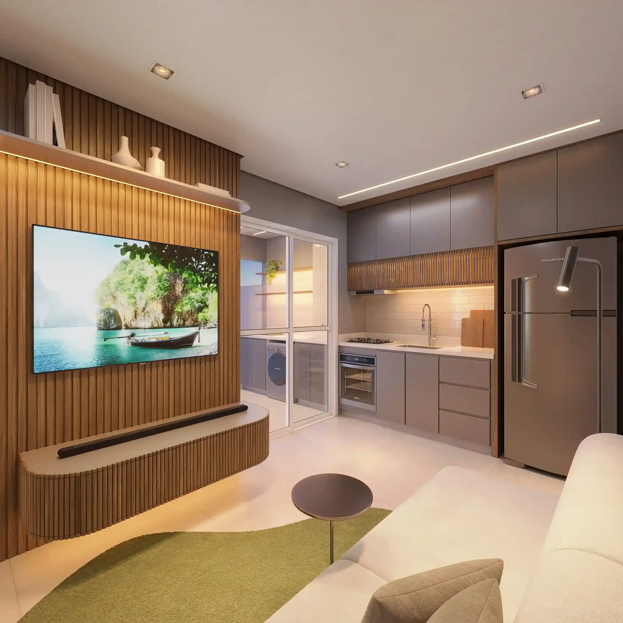 Perspectiva ilustrada do living da planta-tipo B de 35,73 m²